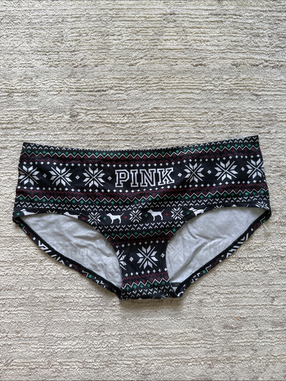 PINK Black Fair Isle Holiday Boyshorts with Red & Green Accents